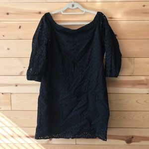 Black eyelette off the shoulder black dress